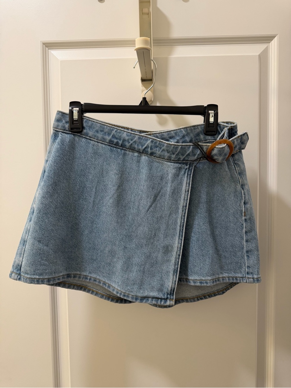 Zara Light Blue Denim Wrap Mini Skort with Wood-Tone Buckle